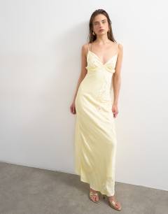 Model wearing Embellished raffia slip dress with frill in yellow