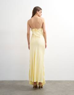 Model wearing Embellished raffia slip dress with frill in yellow