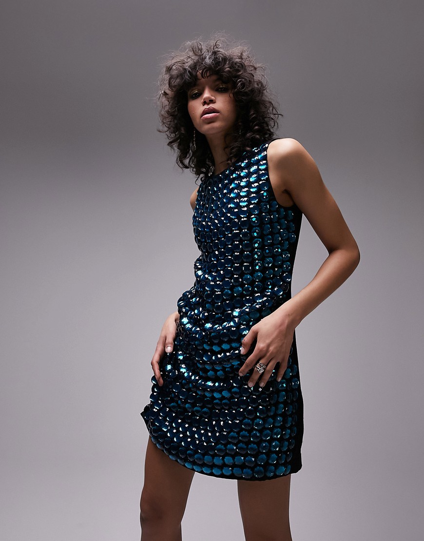 Topshop embellished shift mini dress with gems in blue