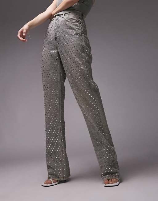 Topshop embellished straight Kort jeans in dirty bleach