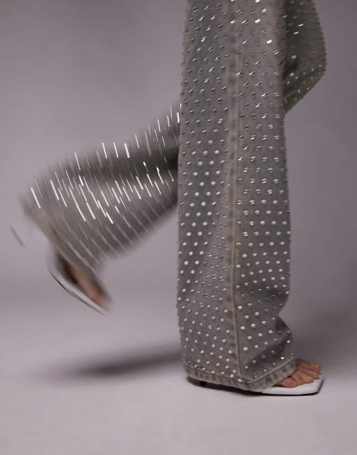 Topshop embellished straight Kort jeans in dirty bleach, 2 of 4