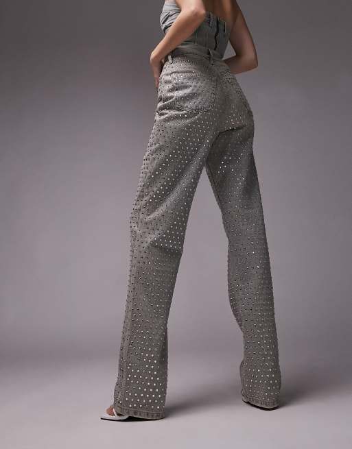 Topshop embellished straight Kort jeans in dirty bleach, 3 of 4