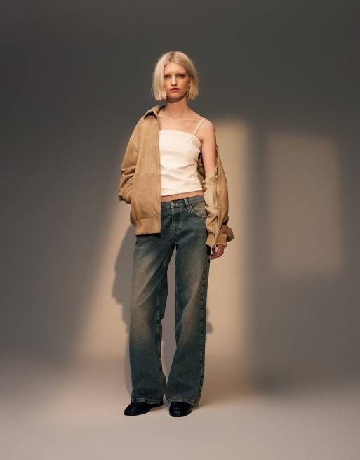 Topshop - Ember - Jean ample à taille basse - Bleu effet sali