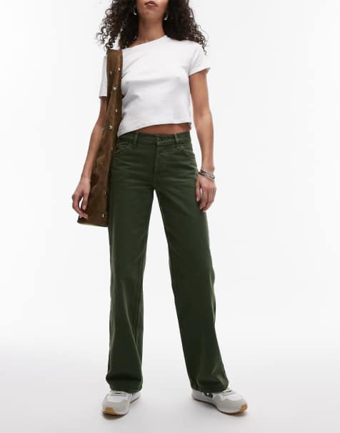 Topshop – Ember – Jeans in dunklem Grün mit niedrigem Bund und weitem Schnitt - view 1