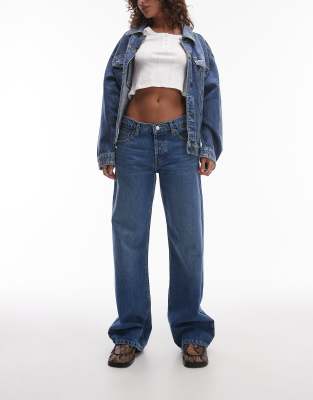 Topshop - Ember - Jeans in Mittelblau mit niedrigem Bund und weitem Beinschnitt