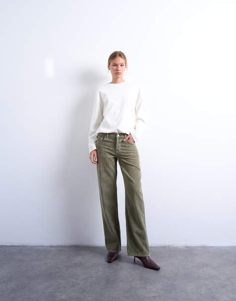 Topshop - Ember - Jeans in tessuto a coste color salvia a vita bassa - view 1