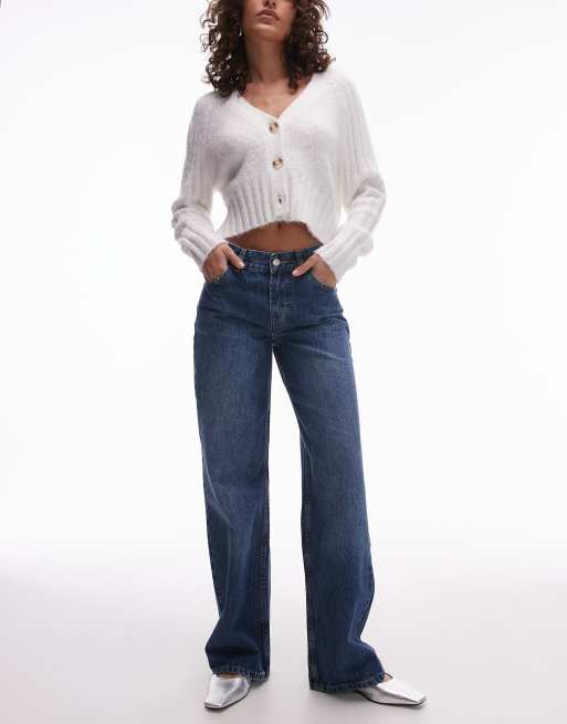 Topshop - Ember - Jeans met wijde pijpen en lage taille in blauw
