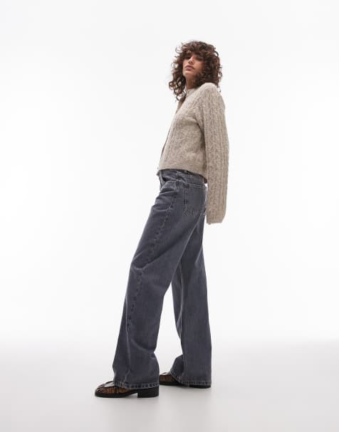 Topshop - Ember - Jeans met wijde pijpen en lage taille in grijs - view 1