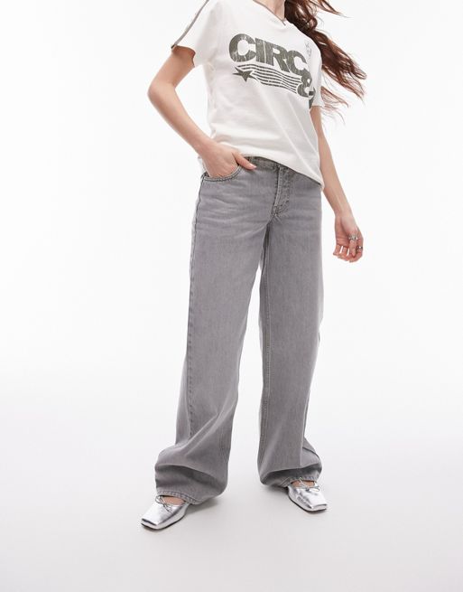 Topshop - Ember - Jeans met wijde pijpen en lage taille in lichtgrijs