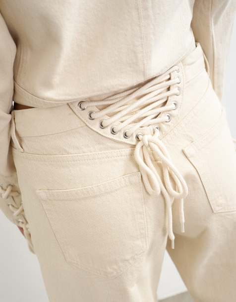 Topshop Ember Jeans mit niedrigem Bund, lockerem geradem Bein und Schnürdetail in Oat - view 1