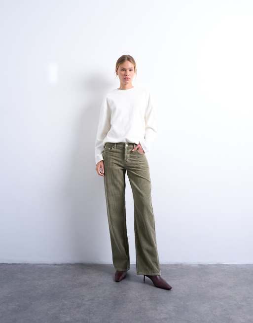 Topshop - Ember - Jeans van corduroy met lage taille in saliegroen