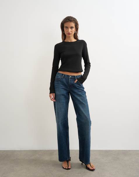 Topshop Ember low rise relaxed straight leg jean in blue black - view 1