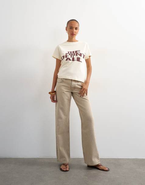 Topshop Ember low rise relaxed straight leg jeans in beige - view 1
