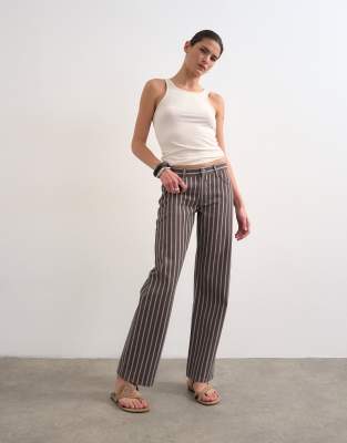 Topshop Ember low rise straight leg jean in chocolate stripe-Brown