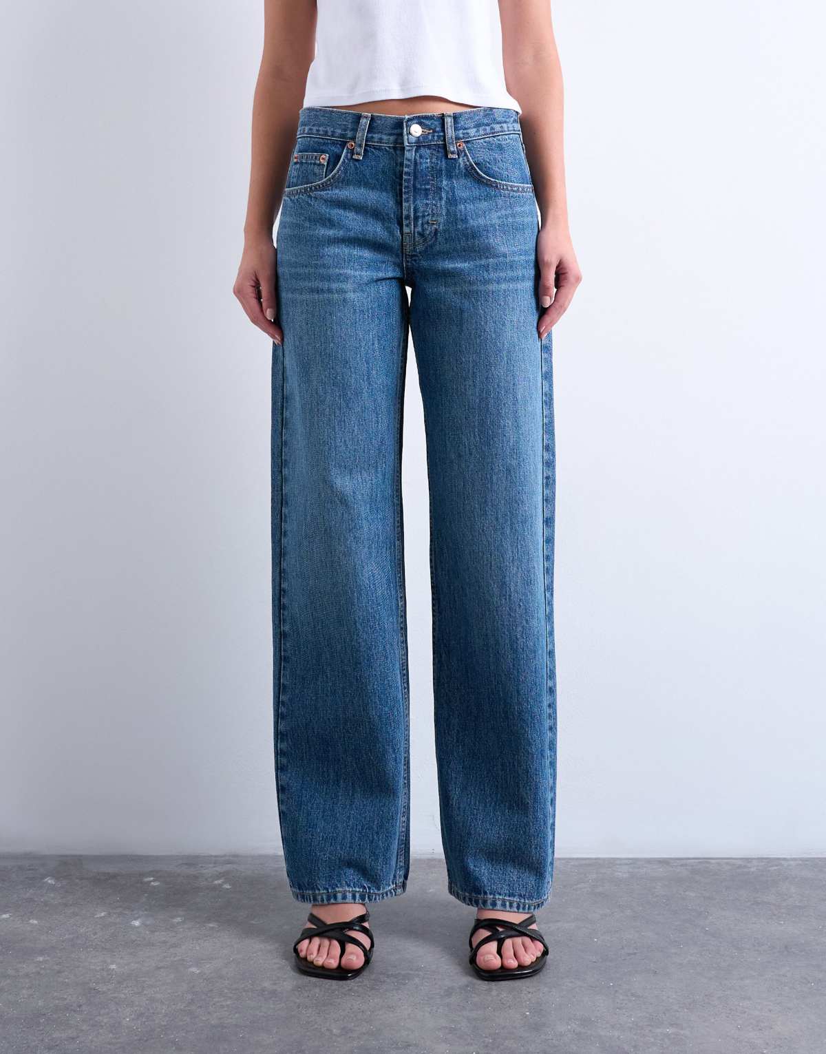 Topshop Ember low rise straight leg jean in mid blue
