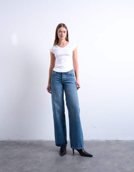 Topshop Ember low rise straight leg jeans in mid blue