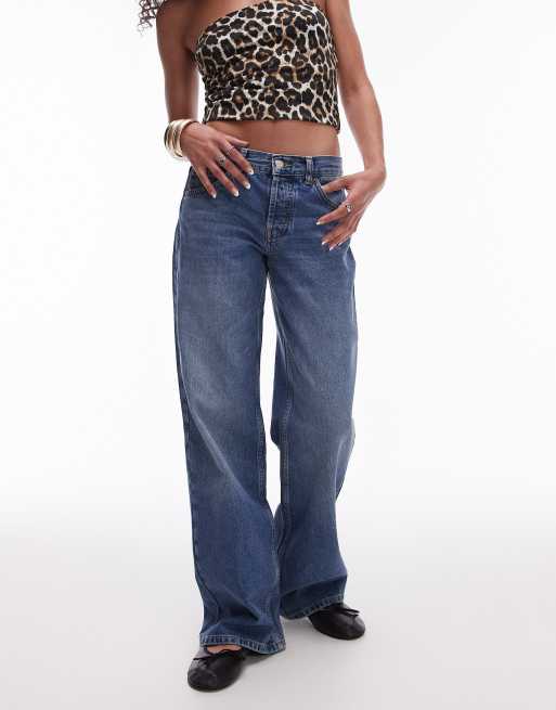 Topshop Ember low rise wide leg jean in mid blue