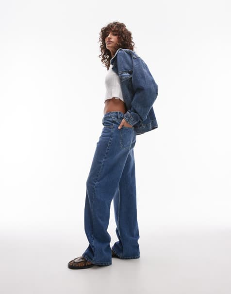 Topshop Ember low rise wide leg jeans in mid blue - view 2