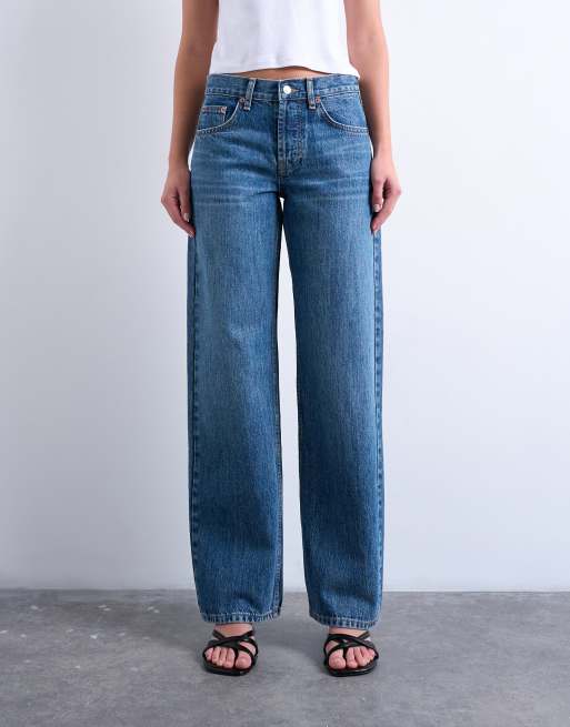 Topshop Ember low rise wide leg jeans in mid blue
