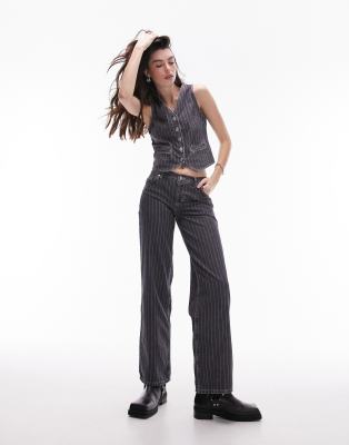 Topshop Ember Low Wide Pinstripe Jeans In Washed Black - Part Of A Set In Black