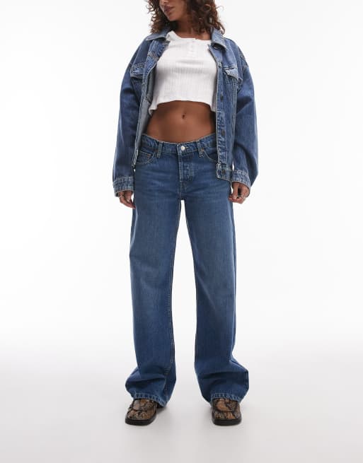 Topshop - Ember - Mellemblå og lavtaljede jeans med vide ben 