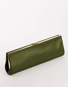 Model wearing Ember small envelope satin clutch bag in green