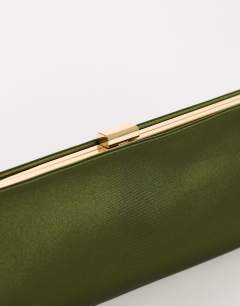 Model wearing Ember small envelope satin clutch bag in green