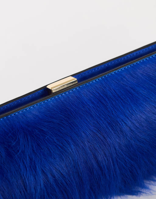 Topshop Ember small hair on real leather envelope clutch bag in cobalt, 4 of 4