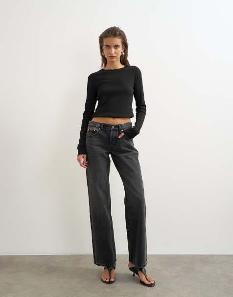 Topshop - Ember - Sorte forvaskede og afslappede jeans med lav talje og lige ben - view 1