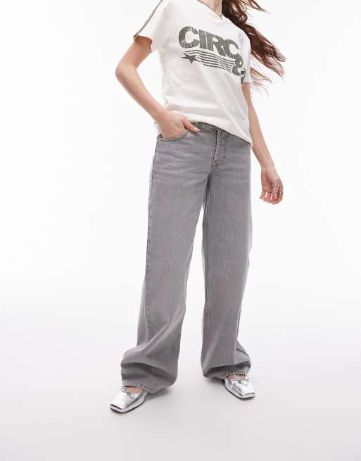 Topshop – Ember – Weit geschnittene Jeans in Blassgrau mit niedrigem Bund