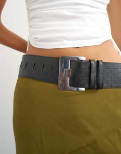 Embossed real leather chunky leather belt in black