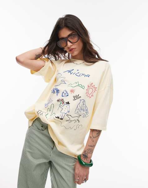 Topshop embroidered Arizona print oversized tee in buttermilk - view 1