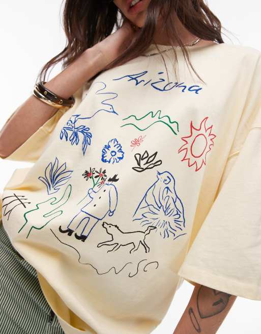 Topshop embroidered Arizona print oversized tee in buttermilk