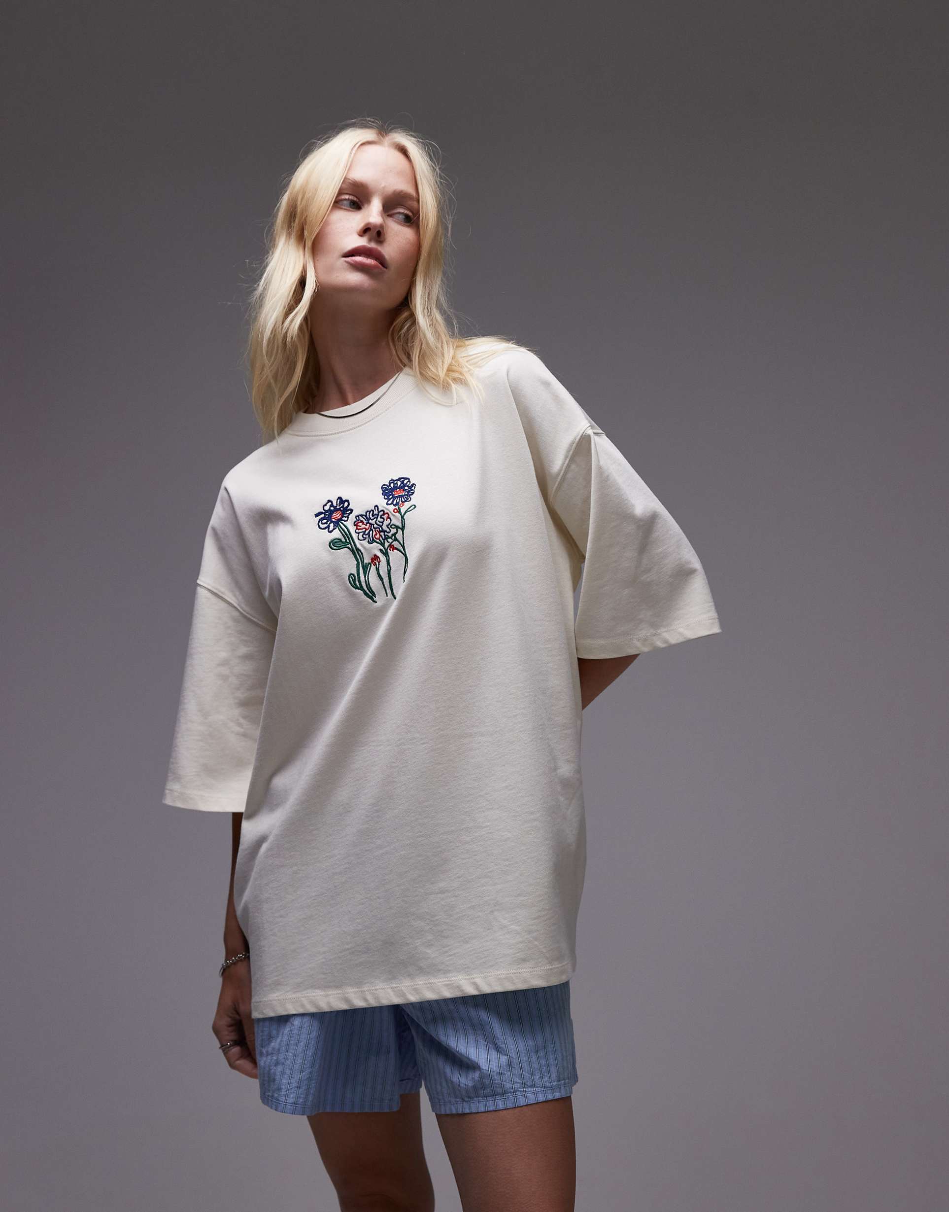 topshop embroidered floral oversized tee in ecru