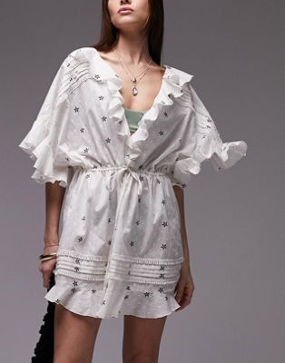 Topshop embroidered floral print dobby beach cover up in off white