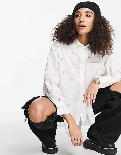 Tops Shirts & Blouses/Topshop embroidered flower oversized shirt in white 