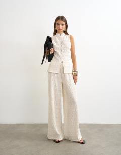 Embroidered lace wide leg trouser co-ord in cream