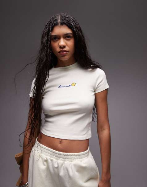 Topshop embroidered limonata baby tee in ecru - view 1