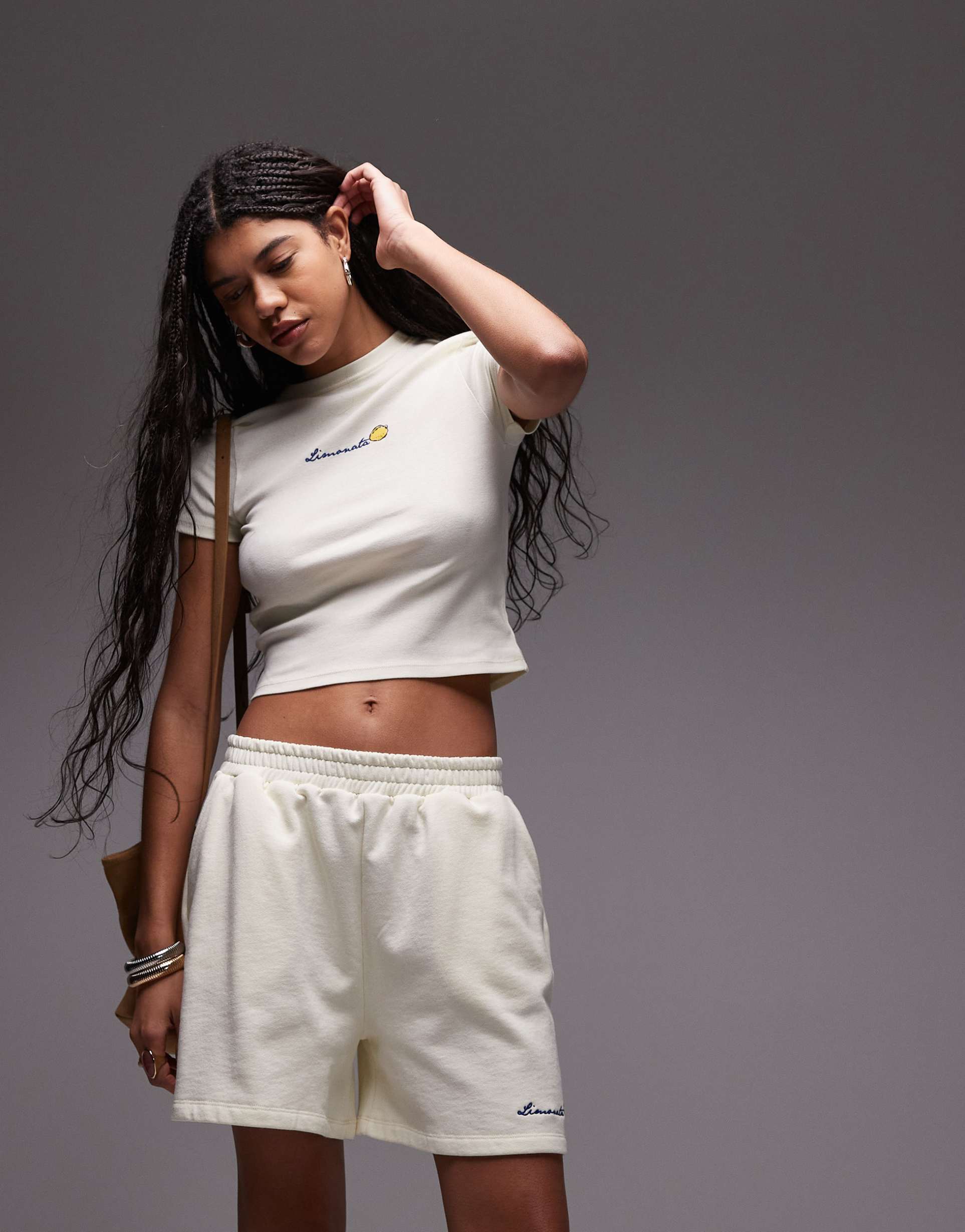 topshop embroidered limonata sweat shorts in ecru