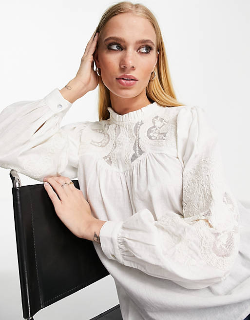 Tops Shirts & Blouses/Topshop embroidered long sleeve top in cream 