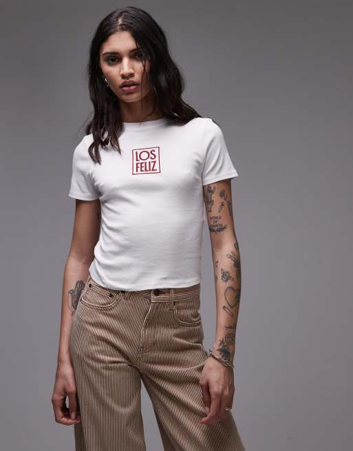 Topshop embroidered Los Feliz baby tee in white, 3 of 4