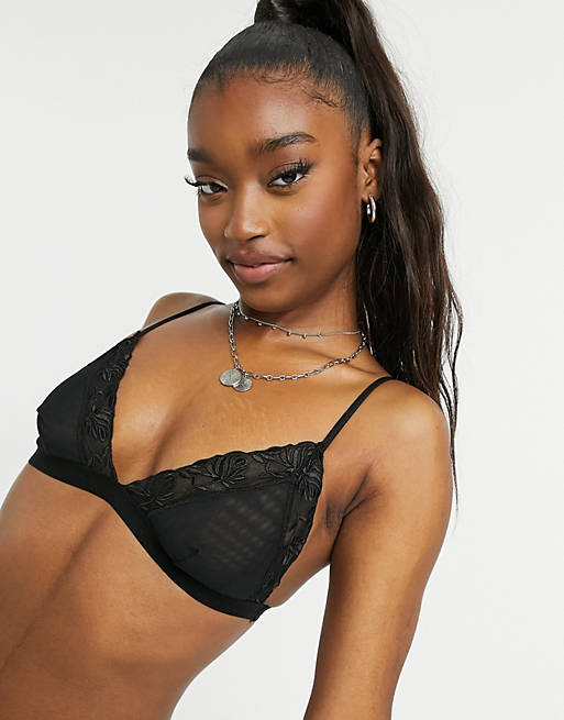 Topshop embroidered mesh triangle bra in black