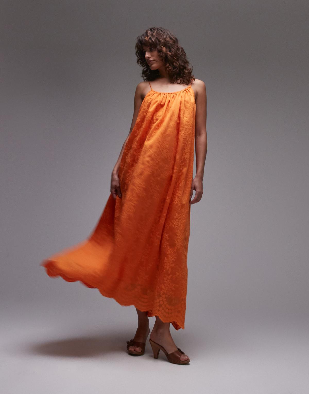Topshop embroidered midi dress in orange