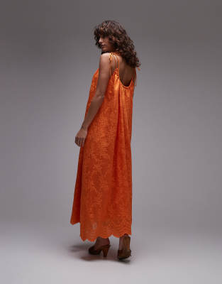 Topshop embroidered midi dress in orange