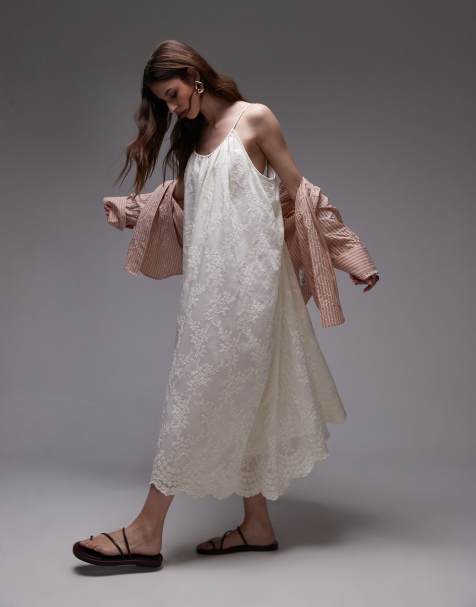 Topshop embroidered midi dress with tie shoulders in ivory - view 1