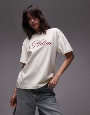 Topshop Topshop embroidered Milan premium short sleeve tee in buttermilk-White