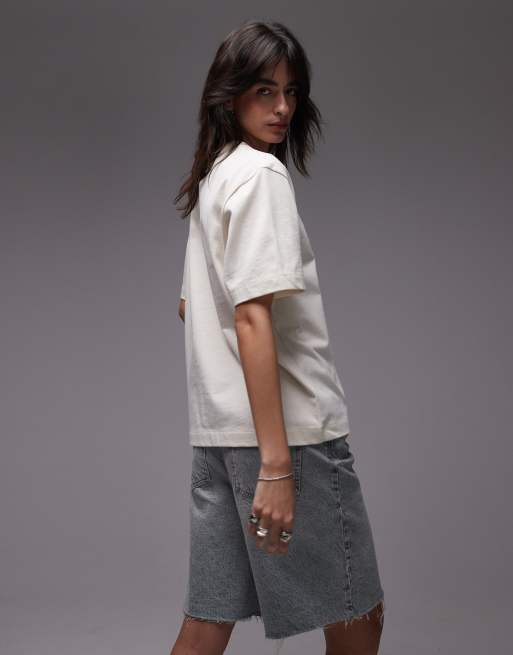 Topshop embroidered milan premium short sleeve tee in buttermilk, 3 of 4
