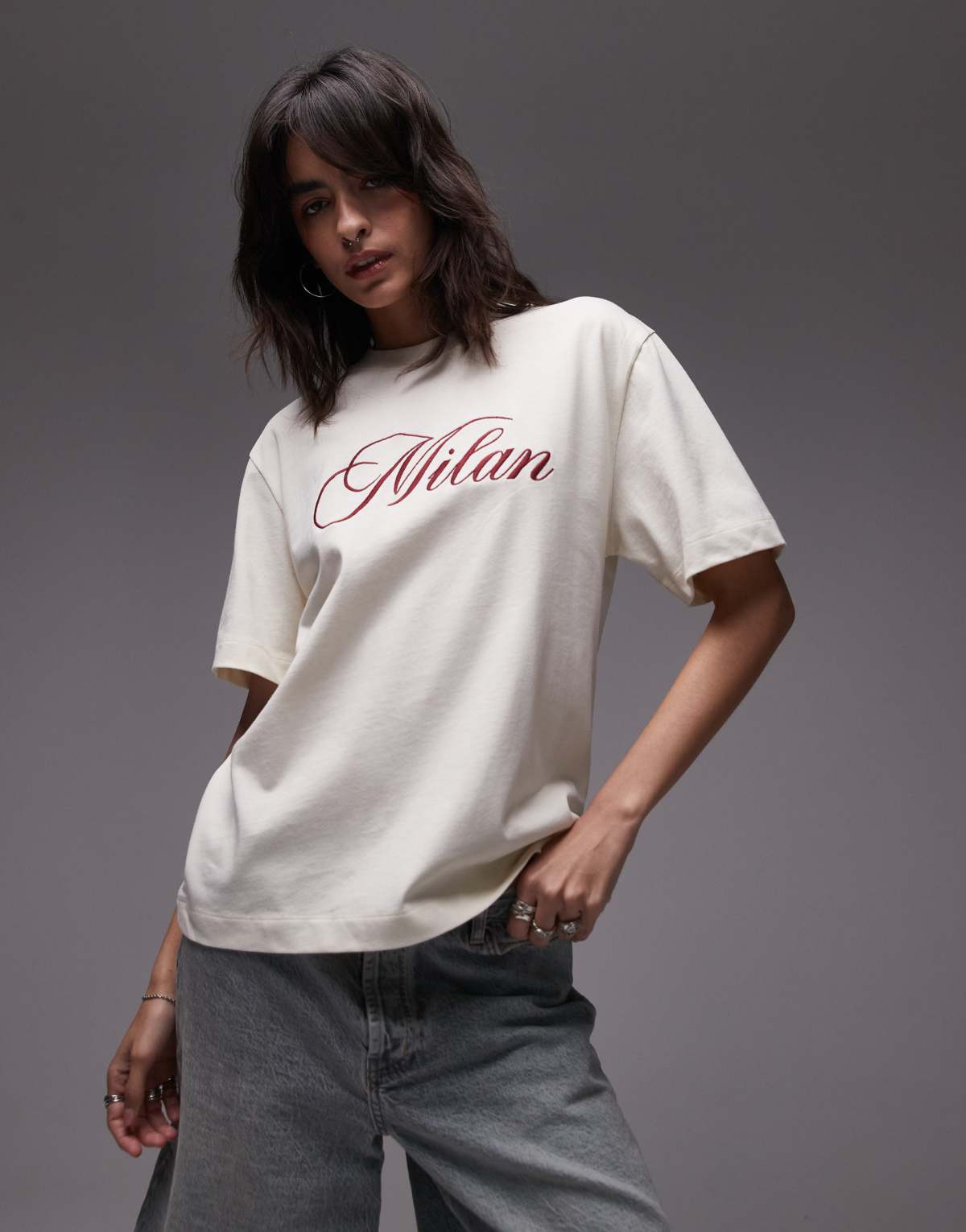 Topshop embroidered milan premium short sleeve tee in ecru