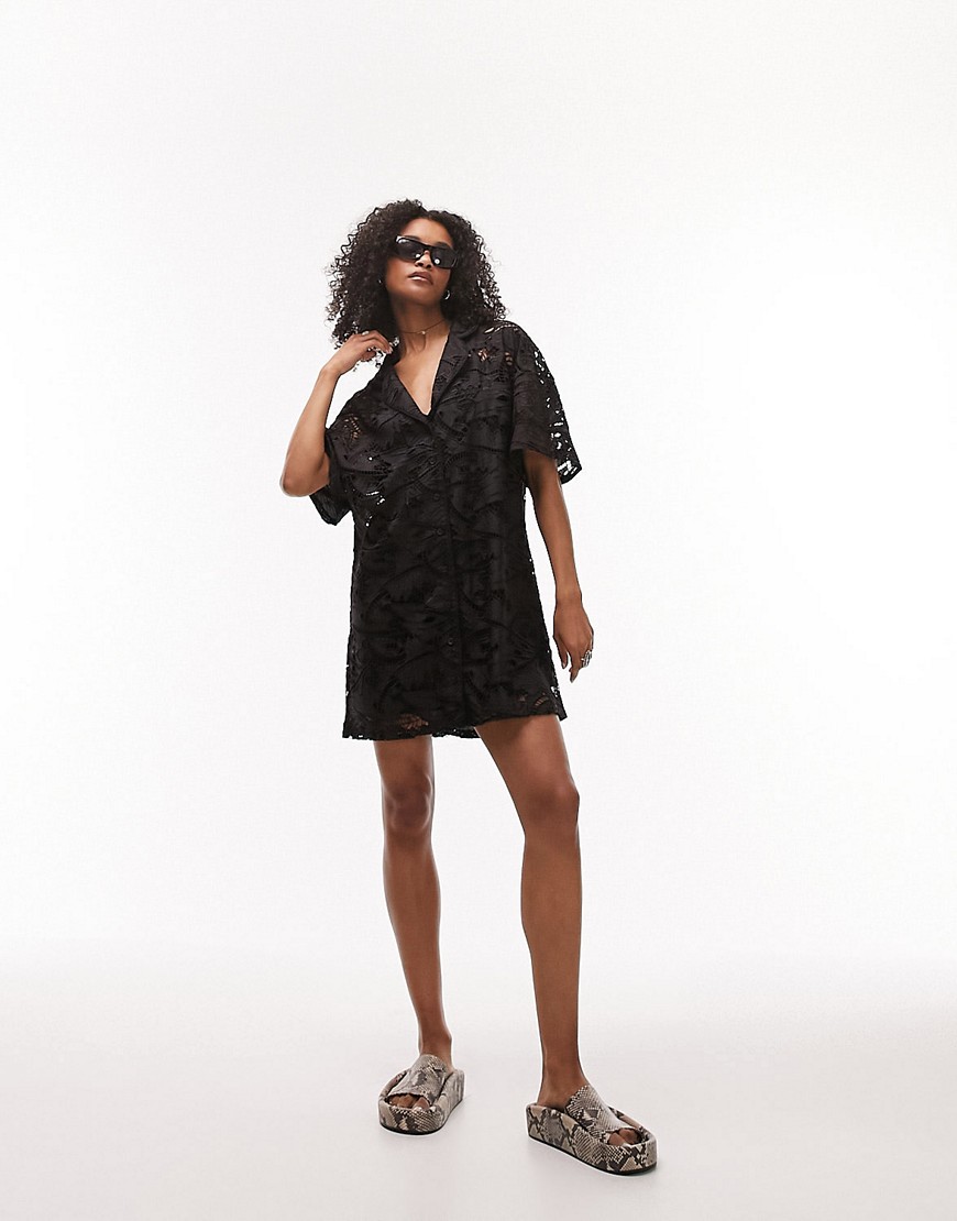 Topshop embroidered mini shirt dress in black
