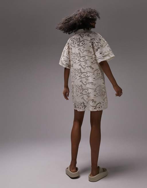 Topshop embroidered mini shirt dress in ivory | ASOS